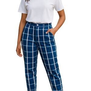 Vintage 70s Rumble Seats Jeans High Waist Blue and White Checkerboard Barrel